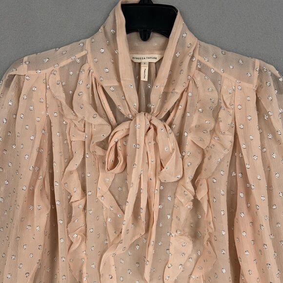 Rebecca Taylor Blouse Womens 2 Pink Tie Neck Ruffle Sheer Metallic Clip Dot Fem - Picture 2 of 15
